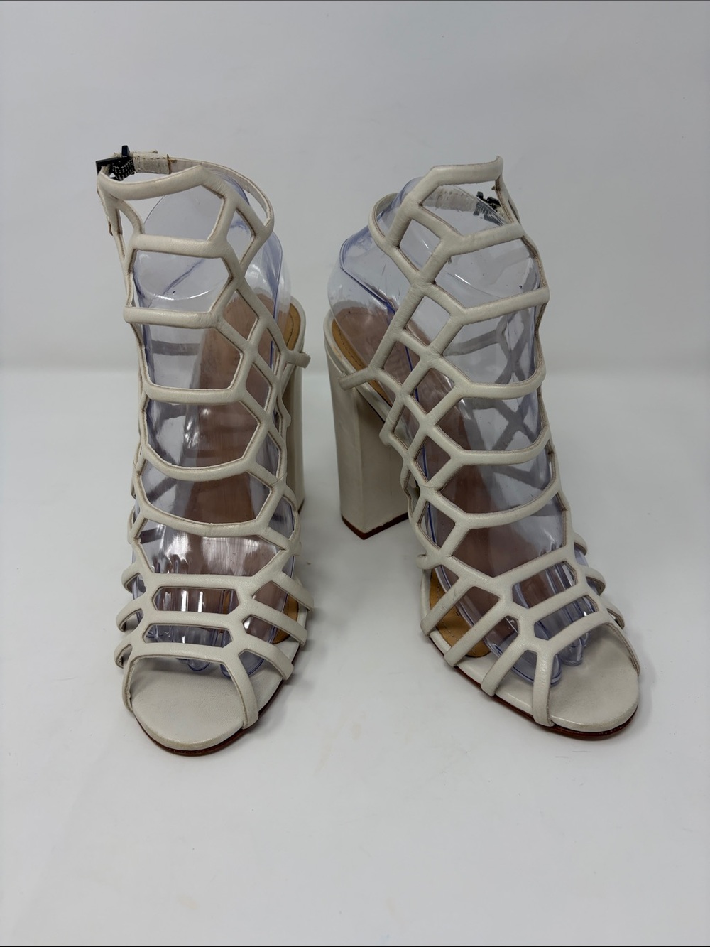 Schutz Open Cage High Heel Sandals in Off-White Size 8